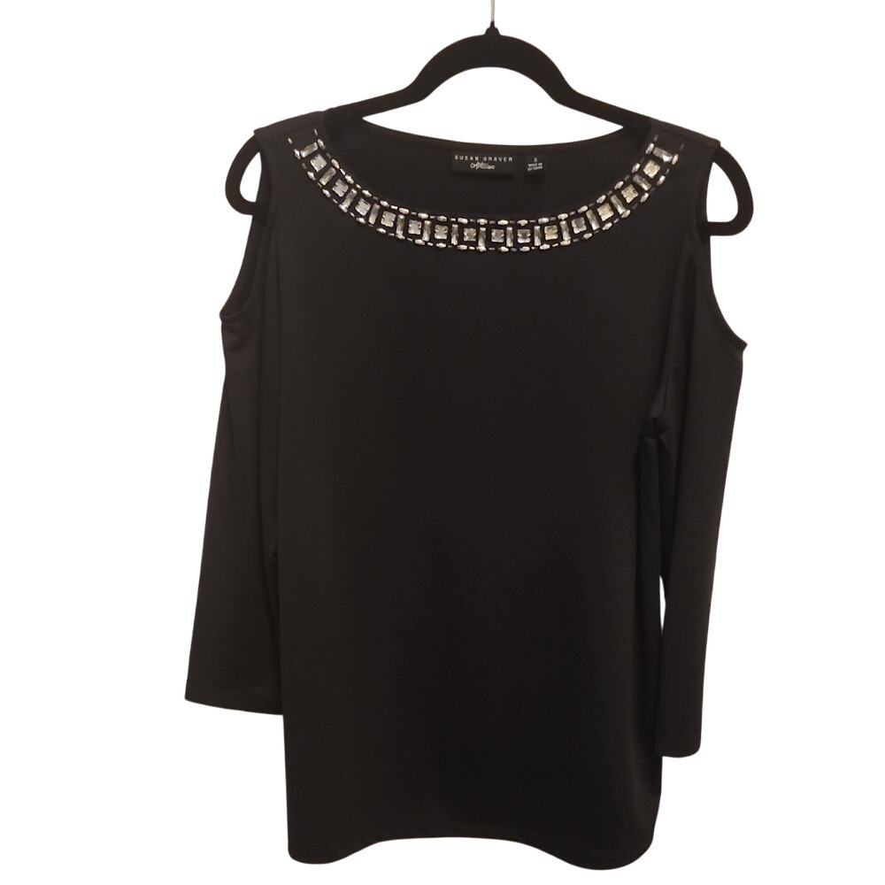 Susan Graver Artisan Cold Shoulder Top S Black Crystal Embellished